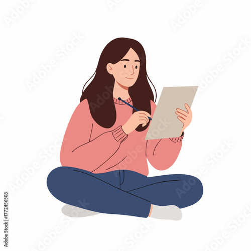 Flat Illustration of Young Woman Reading Document or Writing on Paper