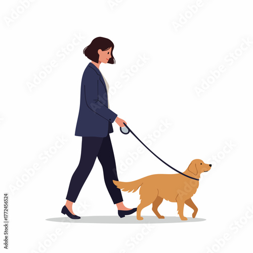 Flat Illustration Woman Walking Golden Retriever Dog Outdoor Leisure Activity