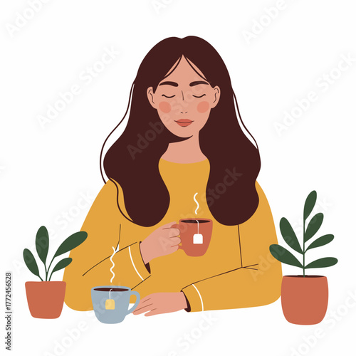 Flat Illustration Brunette Woman Holding Tea Cup in Cozy Home