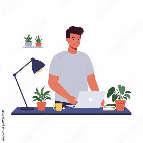 Flat Illustration of Man Working from Home with Laptop at Desk
