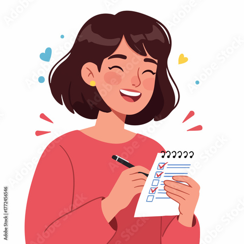 Flat Illustration Cheerful Woman Making Checklist on Notebook Graphic Asset