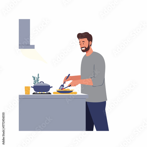 Flat Illustration Man Cooking Food in Kitchen at Home for Dinner