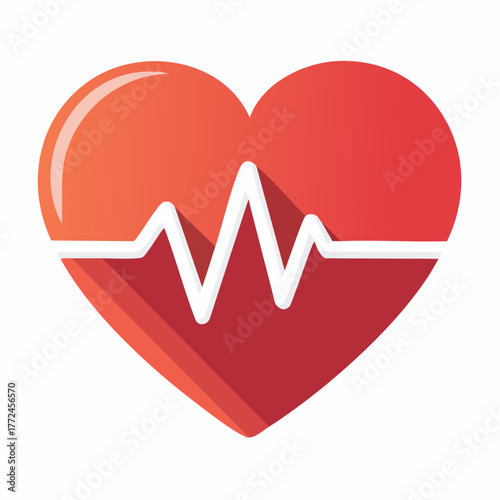 A vibrant red heart icon with a white electrocardiogram line representing pulse, health, and medical care. Flat design with a long shadow on a white background