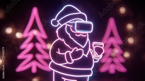 Neon Santa with Virtual Reality Headset and Christmas Tree Background