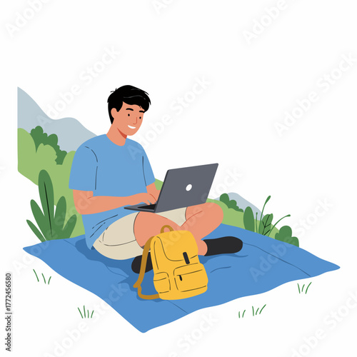 Modern Flat Design Young Man Working Outdoor with Laptop Illustration
