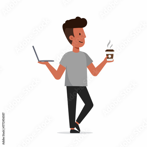 Flat Style Young Adult Holding Laptop and Coffee Cup Character Illustration