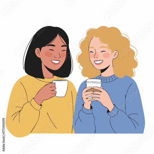 Modern Flat Style Happy Woman Holding Cup of Coffee Illustration