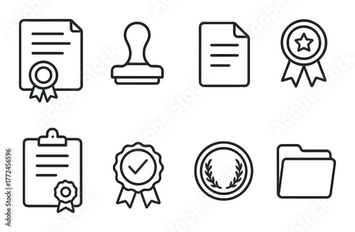 Document icons: stamp, certificate, folder, badge on dark background