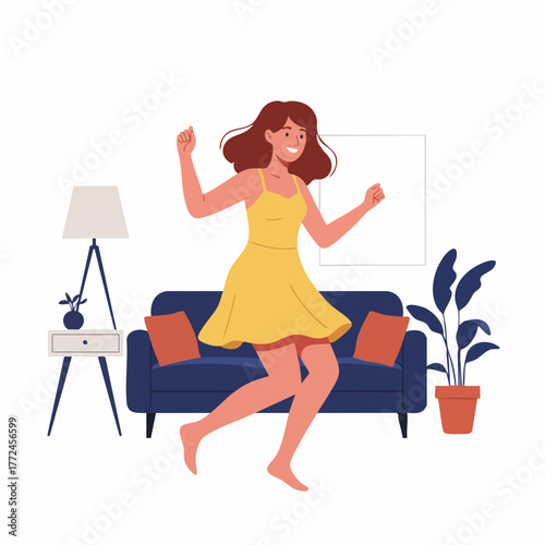 Cheerful Flat Style Woman Dancing in Living Room Illustration