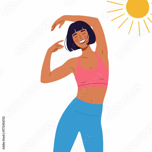 Modern Flat Illustration of Girl Doing Stretching Exercises Outdoors under Sun