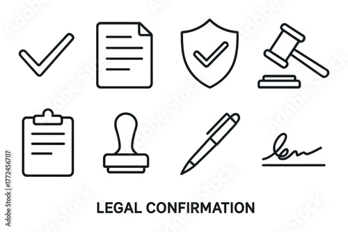 Legal symbols including checkmark, document, shield, gavel, clipboard, stamp, pen, and signature