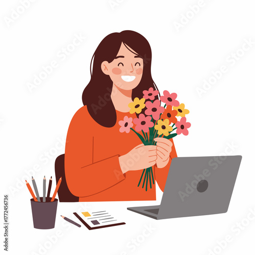 Flat Illustration Happy Woman Holding Flower Bouquet at Home with Laptop