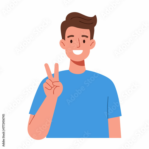 Cartoon Young Man Making a Peace Sign Gesture Illustration