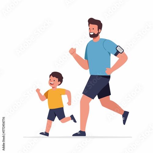 Cartoon Illustration of Father and Son Jogging Together in Outdoor Setting