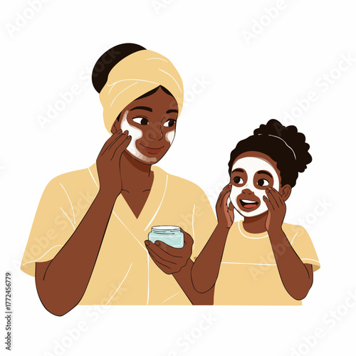 Flat Illustration Happy Mom and Daughter Facial Mask Beauty Treatment