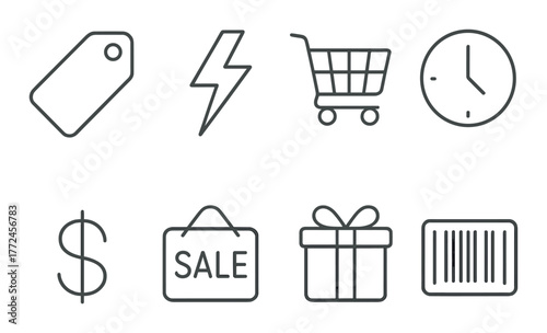 Monochrome shopping icons: tag, lightning bolt, cart, clock, dollar, sale, gift, barcode