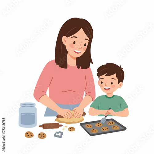 Cheerful Flat Illustration of Mother and Son Baking Cookies Together in the Kitchen