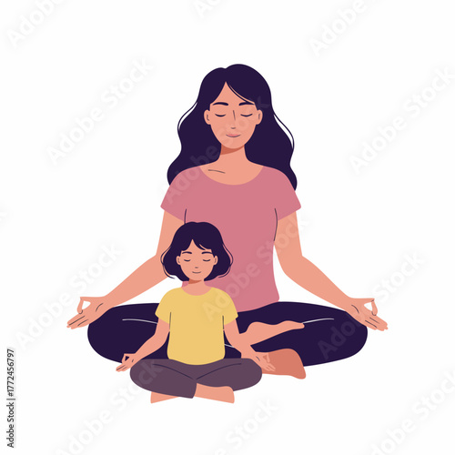 Flat Illustration Mother and Daughter Meditating Together, Serene Family Yoga Pose