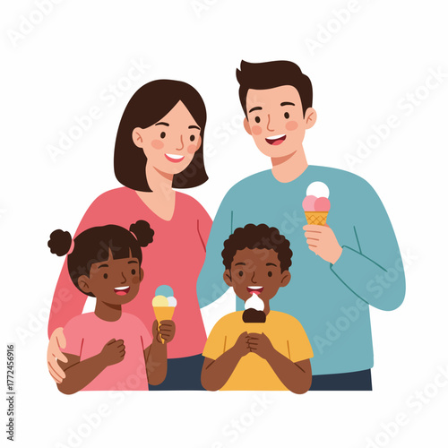 Cartoon Happy Family Enjoying Ice Cream Dessert Together Illustration