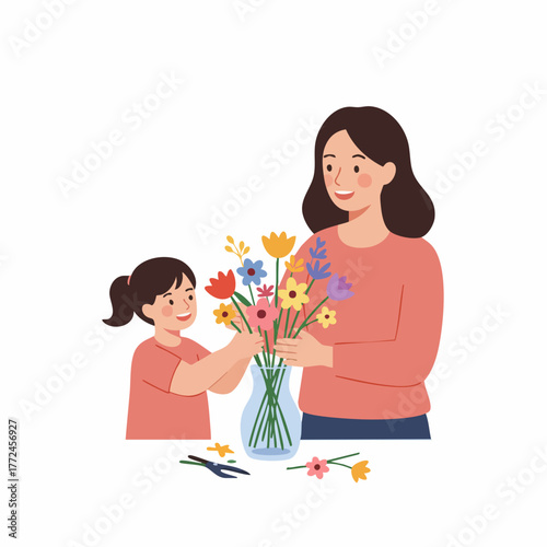 Flat Illustration Mother and Daughter Arranging Flowers in a Vase Together