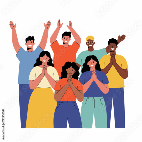 Flat Design Cheerful Crowd of People Clapping Hands Celebrating Success Illustration
