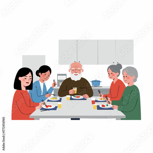 Flat Illustration Family Gathering Mealtime Dinner Around Table Together Happy