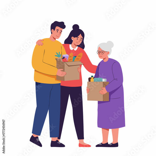 Modern Flat Illustration of Young People Helping Senior Woman with Groceries