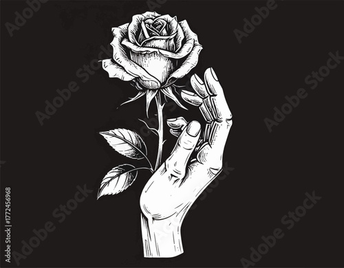 Intricate Hand Holding a Delicate Rose A Stunning Black and White Illustration Depicting Beauty and Grace