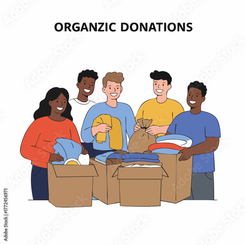 Flat Illustration Group of People Donating Clothes and Goods to Charity Organization