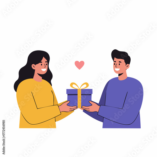 Flat Illustration Couple Giving Gift Present with Heart Element Celebrating Moment