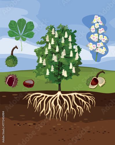 Horse chestnut tree and parts of horse chestnut (Aesculus hippocastanum) plant: fruit, seed, inflorescence and green leaf in botanical illustration style