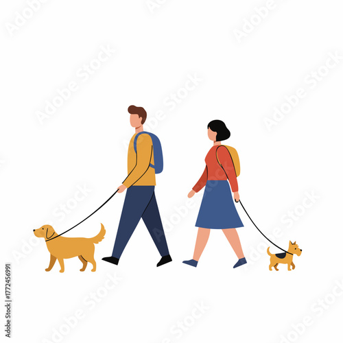 Minimalist Flat Illustration of Couple Walking Dog in City Park