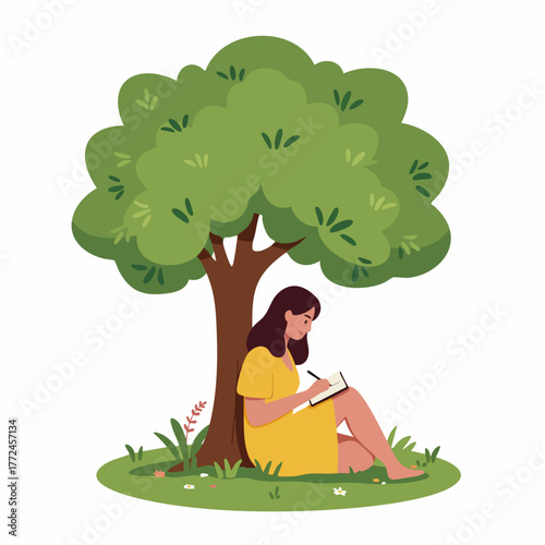 Flat Illustration Woman Writing in a Notebook Under a Green Tree Nature