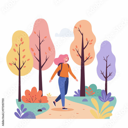 Flat Design Woman Hiking in Forest Autumn Season Illustration