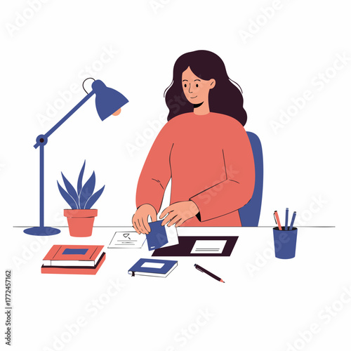 Flat Illustration of Woman Working at Desk with Table Lamp and Plant