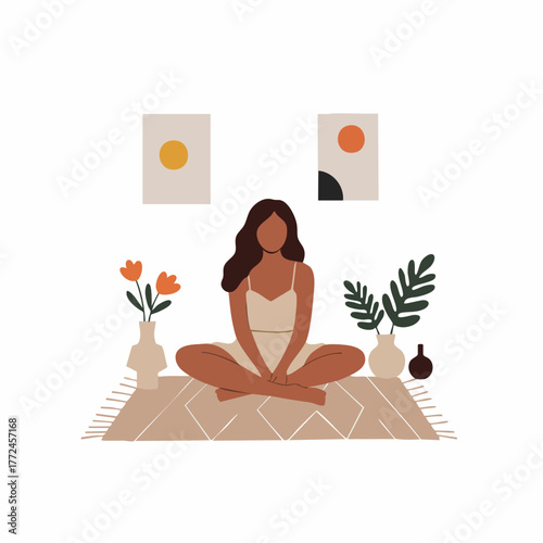 Minimalist Aesthetic Woman Meditating at Home Illustration in Earthy Tones