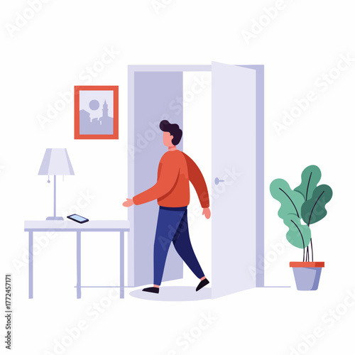 Flat Style Character Walking Through Door Scene Minimalist Illustration