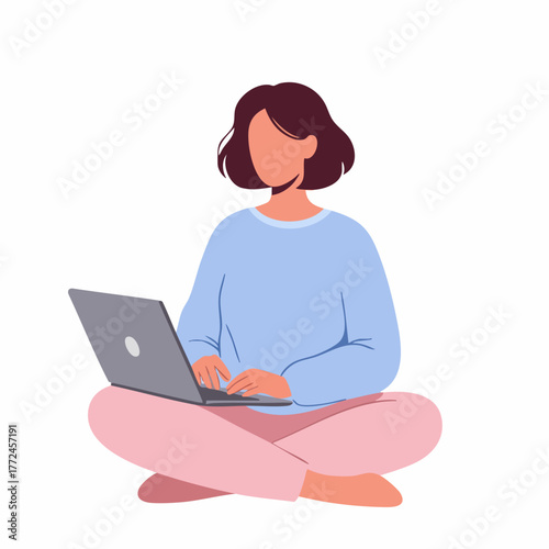 Flat Illustration Woman Sitting with Laptop in a Cross Legged Position