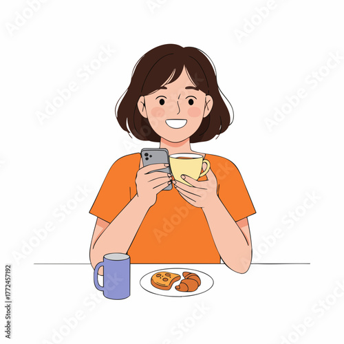 Simple Flat Illustration of a Smiling Woman Using Phone at Breakfast