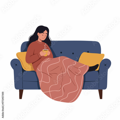 Flat Illustration Woman Relaxing on Couch with Blanket and Hot Drink
