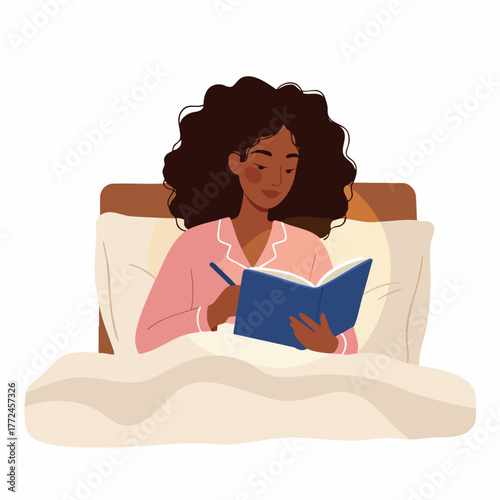 Flat Illustration of Young Woman Writing Journal in Bed at Night