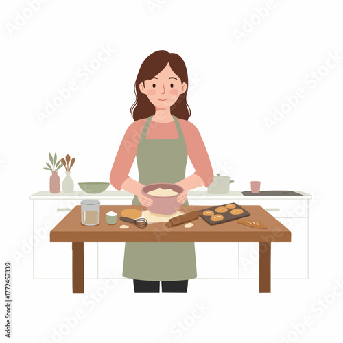 Flat Illustration of Woman Kneading Dough on Wooden Table at Home