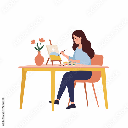 Flat Cartoon Young Woman Painting Landscape on Canvas Illustration