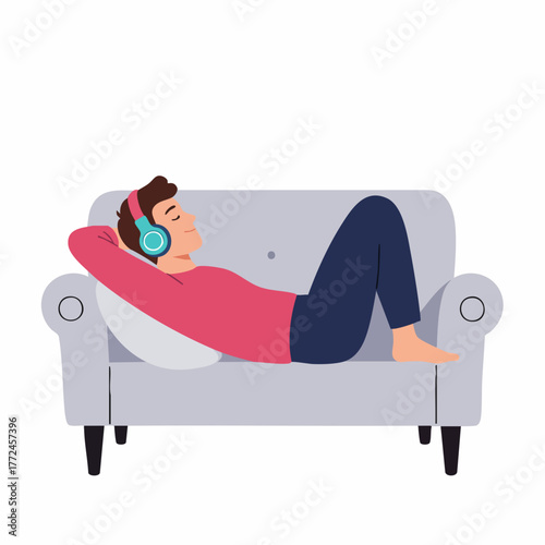 Flat Style Illustration of a Man Relaxing on a Sofa Listening to Music