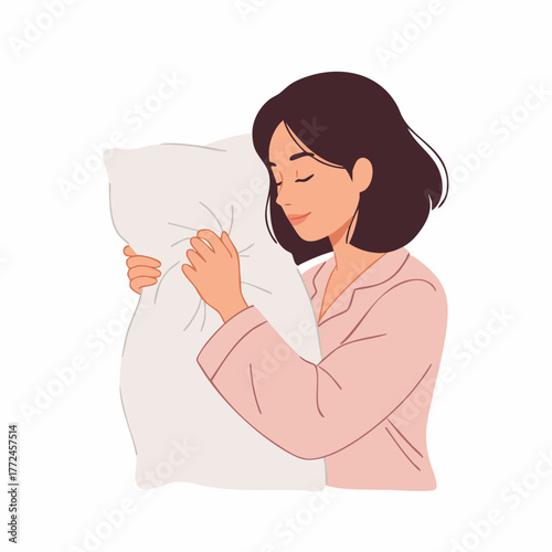 Flat Style Young Woman Embracing Pillow With Closed Eyes Illustration