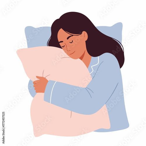 Flat Lay Illustration Woman Sleeping Peacefully Hugging Pillow in Bedroom