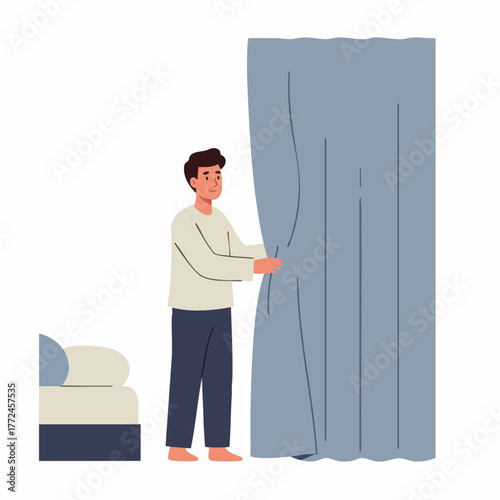 Minimalist Man Closing Light Blue Curtain in Bedroom Interior Illustration