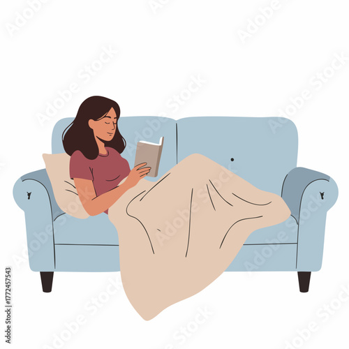 Flat Style Woman Reading Book on Sofa Under Blanket Illustration