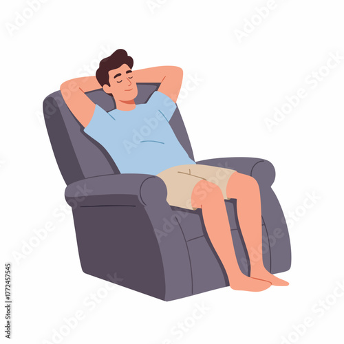 Flat Illustration of Relaxed Man Sitting in Comfortable Recliner Chair Furniture