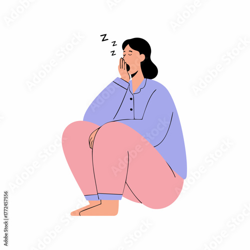 Flat Style Tired Woman Squatting with Yawning Expression Illustration Design